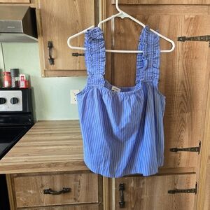 Cropped Blue Striped Ruffle Strap Tank Top